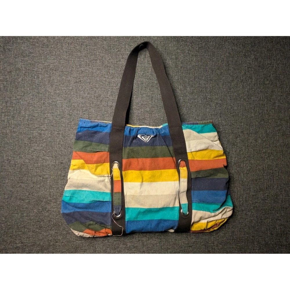 ROXY Y2K Multicolor Striped Canvas Beach Tote Carry Shoulder Strap Bag